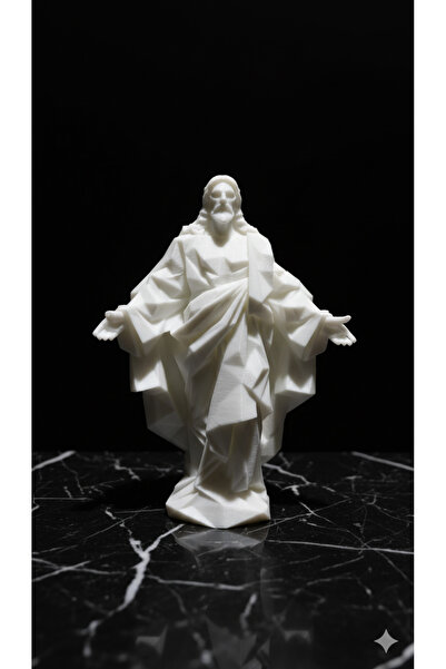 Mat3D Beyaz Geometrik İsa Heykeli - Modern Manevi Dekoratif Büst
