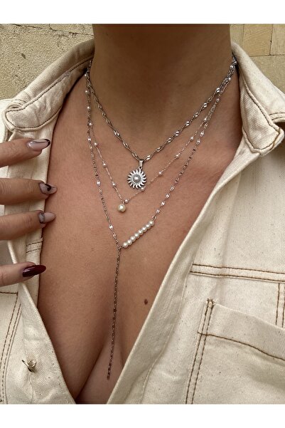 pop up store Flower and Pearl Triple Chain Steel Necklace Set