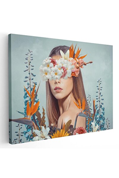 Tablou Canvas Tablou fantezie femeie cu flori pe cap si ochi, albastru, cod 1358