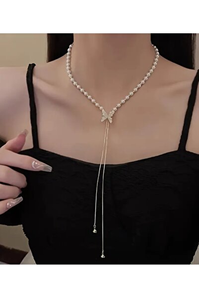 BYFASHION Kelebek Detaylı Zirkon Taşlı Uzunluk Ayarlı İnci Y Kolye