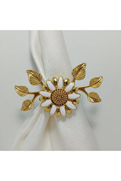 Elta Collection Set of 6 Gold Plated White Enamel Leaf Daisy Napkin Rings