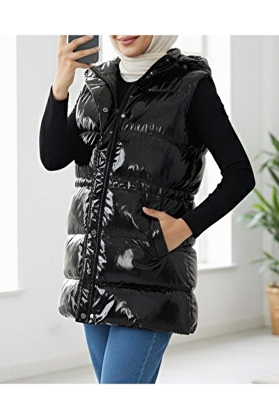 Modamorfo Lined Patent Leather Vest with Front Zipper Pockets - Black