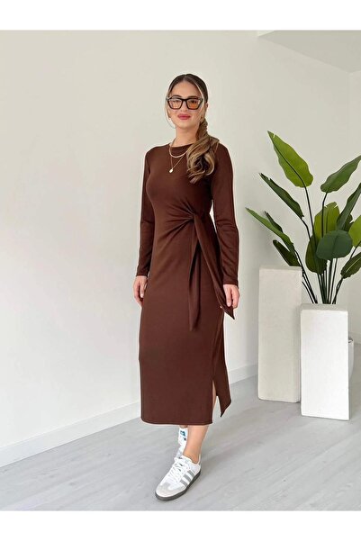 Lensia Φόρεμα με λαιμόκοψη ποδηλάτου, μακρύ μανίκι και πλαϊνά σκισίματα