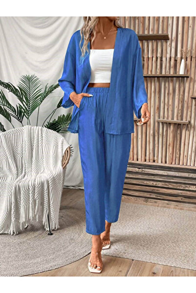 Kokosh moda Set de două piese pentru femei, cu mâneci lungi, cu față deschisă, țesute și pantaloni