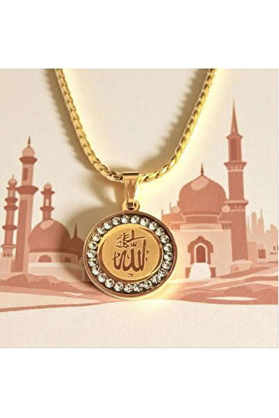 AKSESUARIM ALLAH Yazılı Zirkon Taşlı Çelik Kolye Ucu