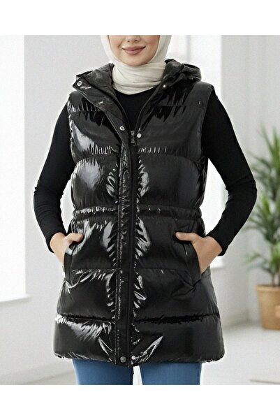 Modamorfo Lined Patent Leather Vest with Front Zipper Pockets - Black