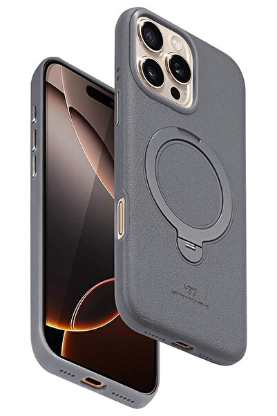 Fuchsia iPhone 16 Pro Max Vapor Deri Magsafe Standlı Kılıf - Titan Gri