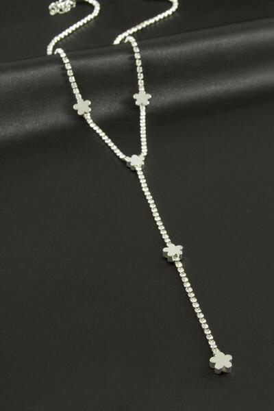 Marsilyan Flower Ribbon Stone Steel Y Necklace