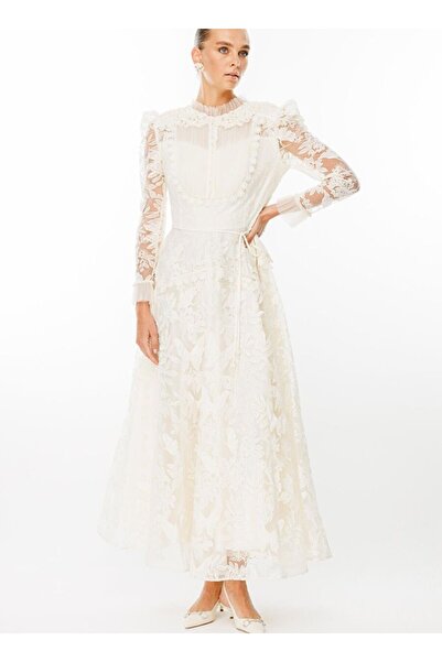 Nefeli Omuz İşleme Detaylı Dantel Elbise BEYAZ