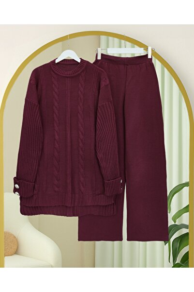 Modamorfo طقم تريكو بتصميم مضفر للشعر مع تفاصيل أزرار على الأكمام - لون بورجوندي