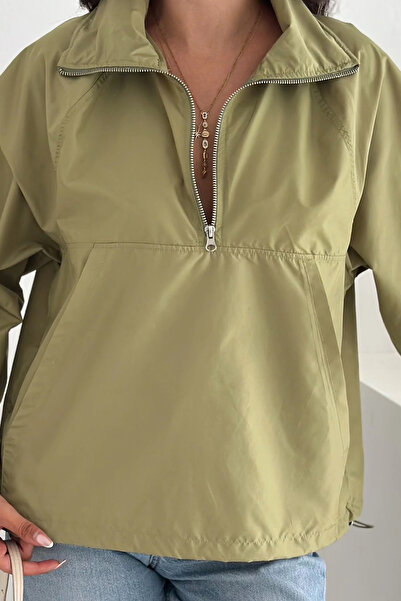 EFFEN Pistachio Green Raincoat with Half Zipper and Stopper