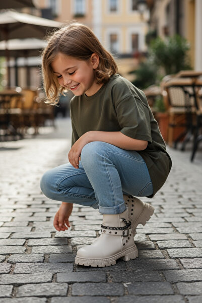 JOJO KIDS kız çocuk krem bot , kalın dişli taban fermuarlı bot , kaymaz taban , polar sıcak astar