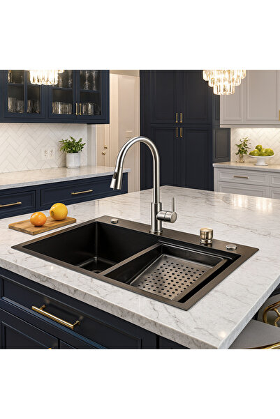 qwell Integrated Kitchen Sink Black/Gray with Double Basin and Multiple Acces...