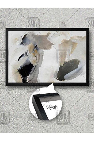 SML TABLO Soyut Modern Dekor Krem Ve Siyah Fırça İzleri Abstract Dekor Çerçev...