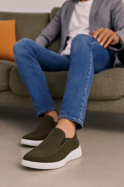 Growish Gr0398 Genuine Nubuck Leather Khaki Color Hole Patterned Lightweight White Poly Sole Shoes