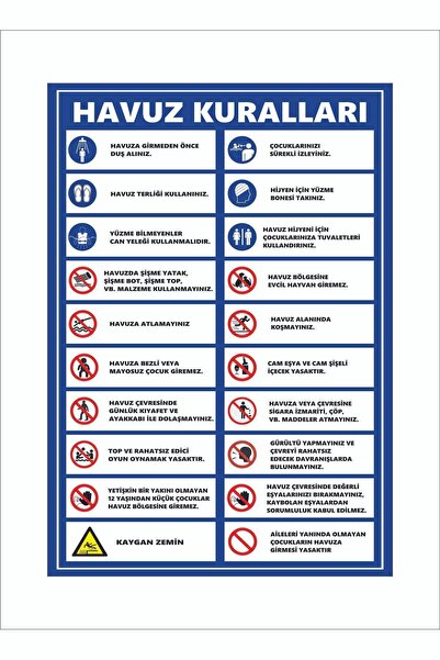 KanvasSepeti Havuz Kuralları 7 Uyarı Folyo Etiket Baskı Sticker