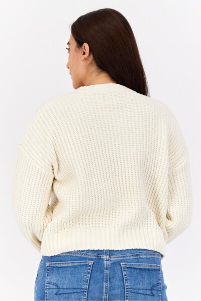 PİNK ROSE Women V-Neck Knitted Cardigan, Cream