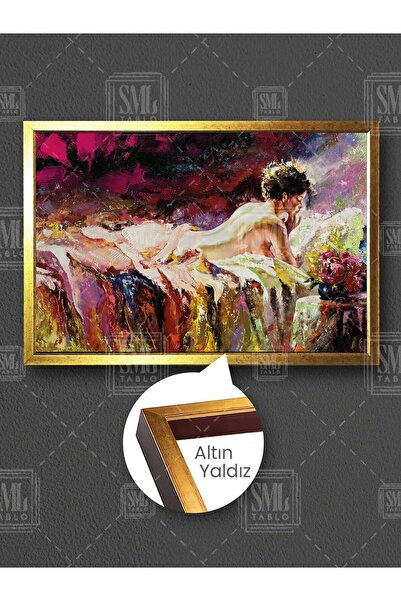 SML TABLO Yatakta Uzanan Yatan Seksi Nü Kadın Renkli Çiçekler Çerçeveli Yatay...