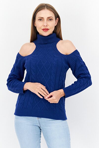 Brave Soul Women Mock Neck Knitted Sweater, Blue