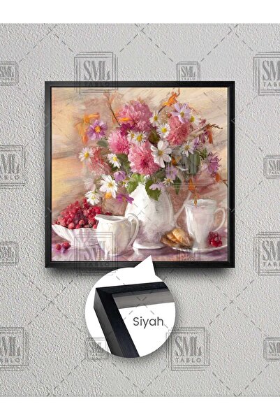 SML TABLO Bela porcelanska čajna garnitura, ružičasti cvetovi u vazi, uokvire...