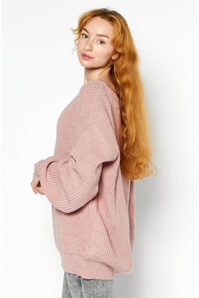 NA-KD Women V-Neck Textured Sweater, Old Rose