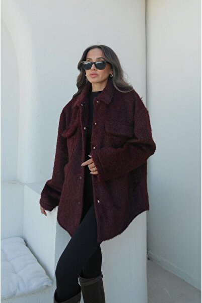 Havoş سترة بورجوندي ذات ملمس خاص مع جيب أمامي وأزرار كبس