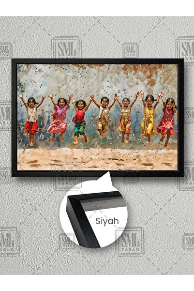 SML TABLO Mutluluğun Resmi Sokakta Oynayan Hintli Çocuklar Çerçeveli Yatay Ka...