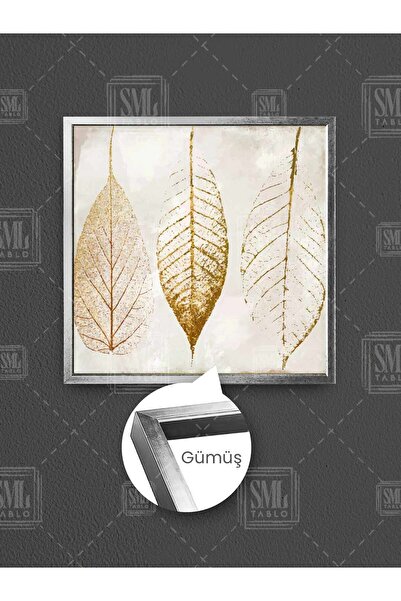 SML TABLO Pictură pe pânză pătrată înrămată cu frunze liniare aurii, decor mo...