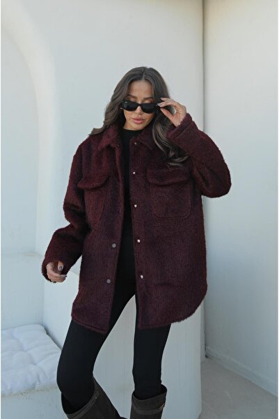 Havoş Burgundy Jacket with Front Pockets and Snap Fasteners, Special Texture