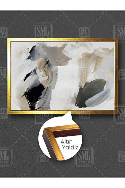 SML TABLO Soyut Modern Dekor Krem Ve Siyah Fırça İzleri Abstract Dekor Çerçev...