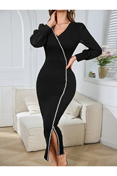 Varyete Taşlı V Yaka Uzun Kollu Yırtmaçlı Uzun Ithal Krep Elbise