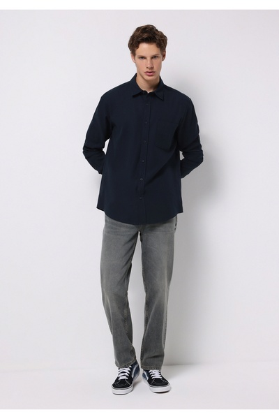 Colin's Slim Fit Shirt Neck Ekoseli Erkek Lacivert Uzun Kol Gömlek