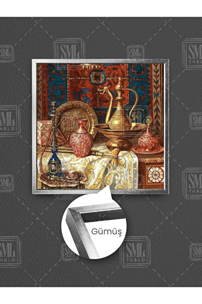 SML TABLO Pictură pătrată pe pânză cu cadru de covor antic, cu decor otoman, narghilea și cafea