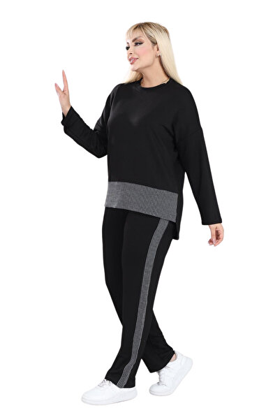 MELSAY Γυναικείο Σετ Φούτερ Μαύρο Χαλαρό Στριπτζάρι Μεγάλου Μεγέθους