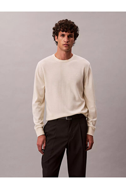Calvin Klein Men's 100% Wool Regular Fit Ribbed Crew Neck Ck Logo Embossed Long Sleeve Knitted White Sweater Lv