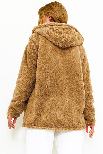 MILANOFOX Women's Hooded Zippered Double Pocket Oversize Camel Plush Sweatshirt