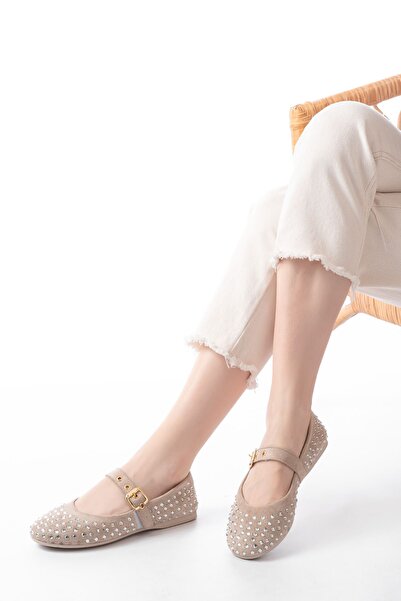 Budi Dm-6020 Beige Troc Helmet Buckle Daily Women's Ballerinas