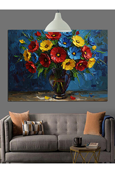 Artmeg Parlak Renkli Çiçeklerden Oluşmuş Vazo Dekoratif Kanvas - Mdf Ahşap Tablo