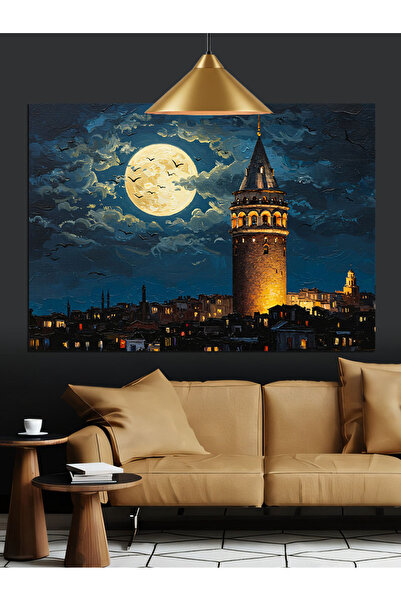 karizmart Dolunay Altında Tarihi Galata Kulesi Dekoratif Kanvas - Mdf Ahşap T...