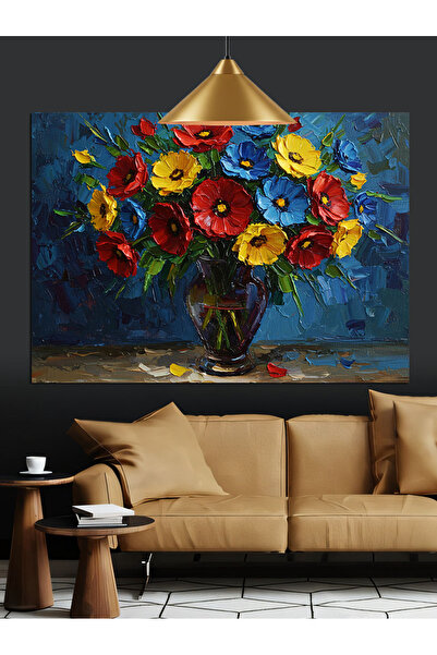 Artmeg Parlak Renkli Çiçeklerden Oluşmuş Vazo Dekoratif Kanvas - Mdf Ahşap Tablo