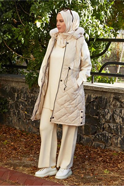 TRENDTESETTÜR Women's Beige (Stone) Hooded Puffer Vest t 2307