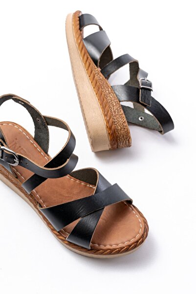 Budi 731-045 Black Cross Genuine Leather Wedge Heeled Daily Women's Sandals
