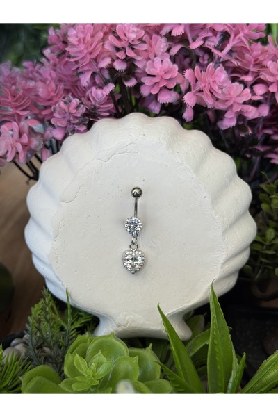 B & S Zirkon Taşlı Kalpli Sallantılı Çelik Göbek Piercing