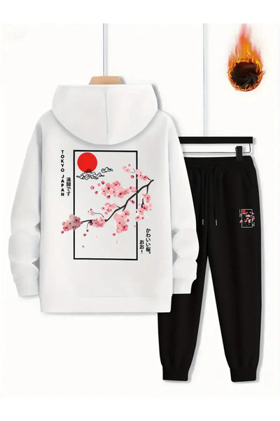ibibik moda Set de trening Sakura cu imprimeu cu glugă pentru bărbați