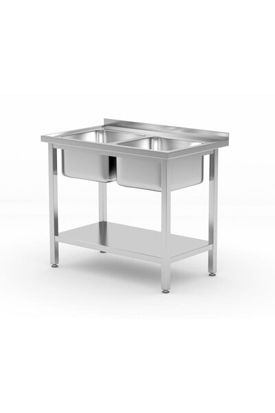 HENDI Masă de chiuvetă din oțel inoxidabil cu două cuve și raft, Budget Line