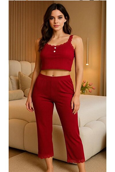 SWARO kırmızı reng duğmeli pijama takımı