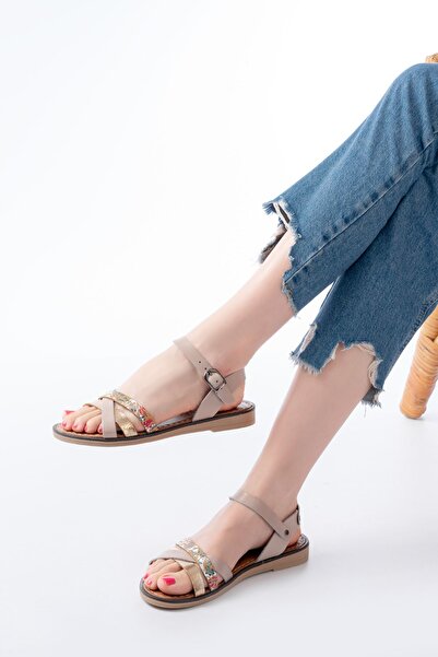 Budi 205-015 Bej Garni Orthopedic Genuine Leather Women's Sandals