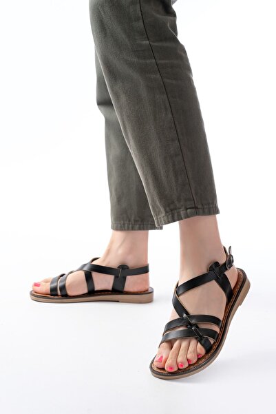 Budi 205-05 Black Orthopedic Genuine Leather Women's Sandals