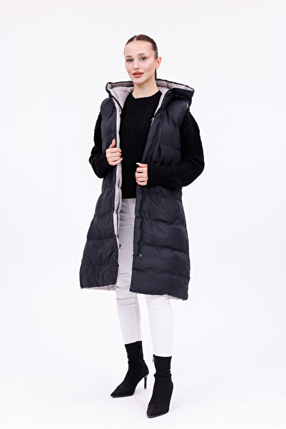 Modayıldızlar Сірий чорний двосторонній довгий надувний жилет з капюшоном