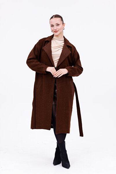 Modayıldızlar Μακρύ χειμωνιάτικο γυναικείο παλτό με ζώνη και τσέπες καφέ